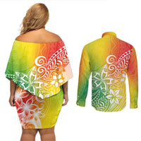 Polynesia Couples Matching Off Shoulder Short Dress and Long Sleeve Button Shirts Plumeria Reggae Curves LT7 - Polynesian Pride