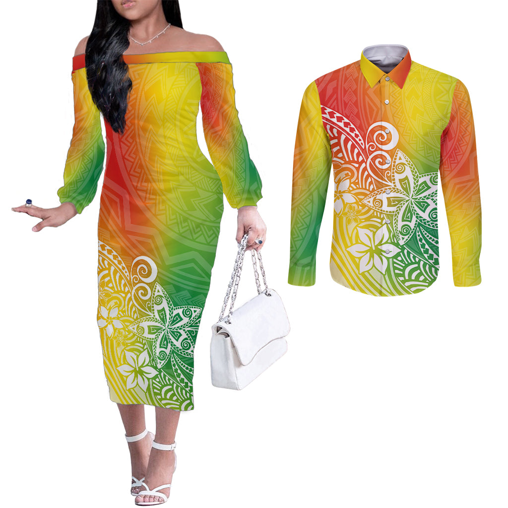 Polynesia Couples Matching Off The Shoulder Long Sleeve Dress and Long Sleeve Button Shirts Plumeria Reggae Curves LT7 Reggae - Polynesian Pride