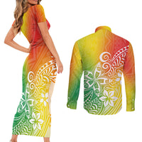 Polynesia Couples Matching Short Sleeve Bodycon Dress and Long Sleeve Button Shirts Plumeria Reggae Curves LT7 - Polynesian Pride