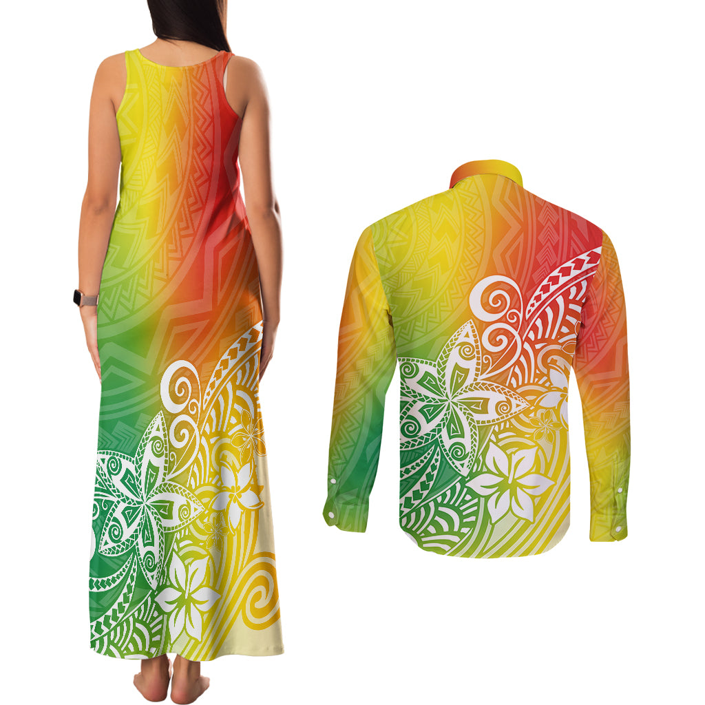 Polynesia Couples Matching Tank Maxi Dress and Long Sleeve Button Shirts Plumeria Reggae Curves LT7 - Polynesian Pride