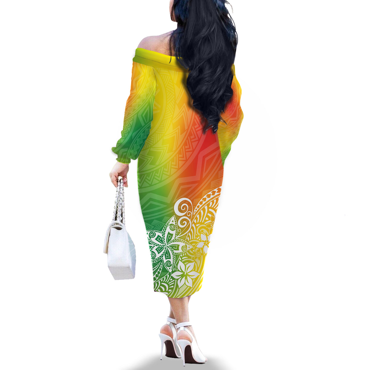 Polynesia Off The Shoulder Long Sleeve Dress Plumeria Reggae Curves LT7 - Polynesian Pride