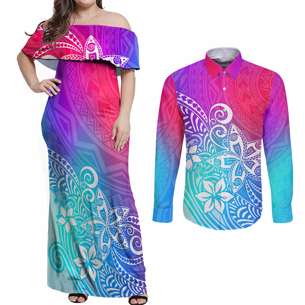 Polynesia Couples Matching Off Shoulder Maxi Dress and Long Sleeve Button Shirts Plumeria Galaxy Gradient Curves LT7 Galaxy - Polynesian Pride