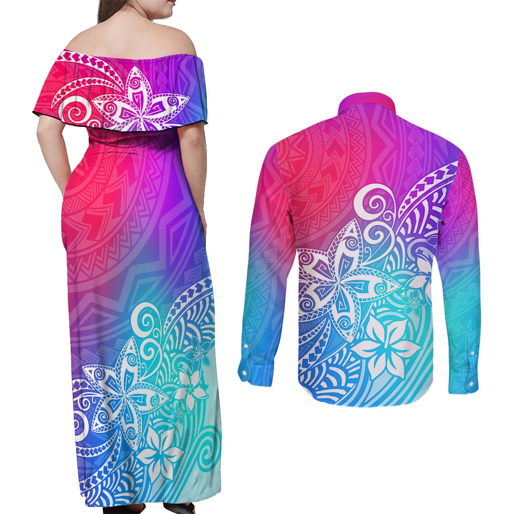 Polynesia Couples Matching Off Shoulder Maxi Dress and Long Sleeve Button Shirts Plumeria Galaxy Gradient Curves LT7 - Polynesian Pride