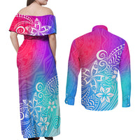 Polynesia Couples Matching Off Shoulder Maxi Dress and Long Sleeve Button Shirts Plumeria Galaxy Gradient Curves LT7 - Polynesian Pride