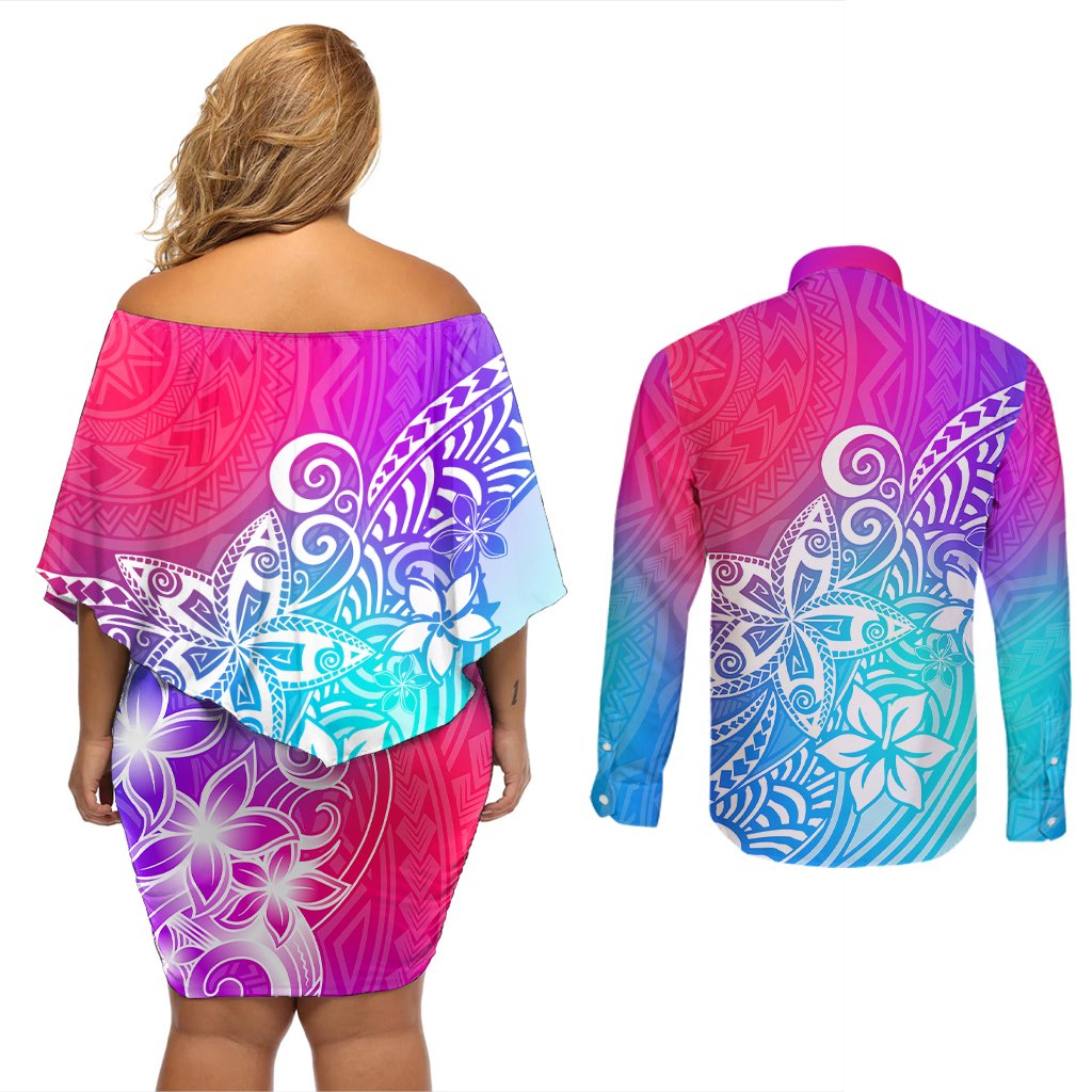 Polynesia Couples Matching Off Shoulder Short Dress and Long Sleeve Button Shirts Plumeria Galaxy Gradient Curves LT7 - Polynesian Pride