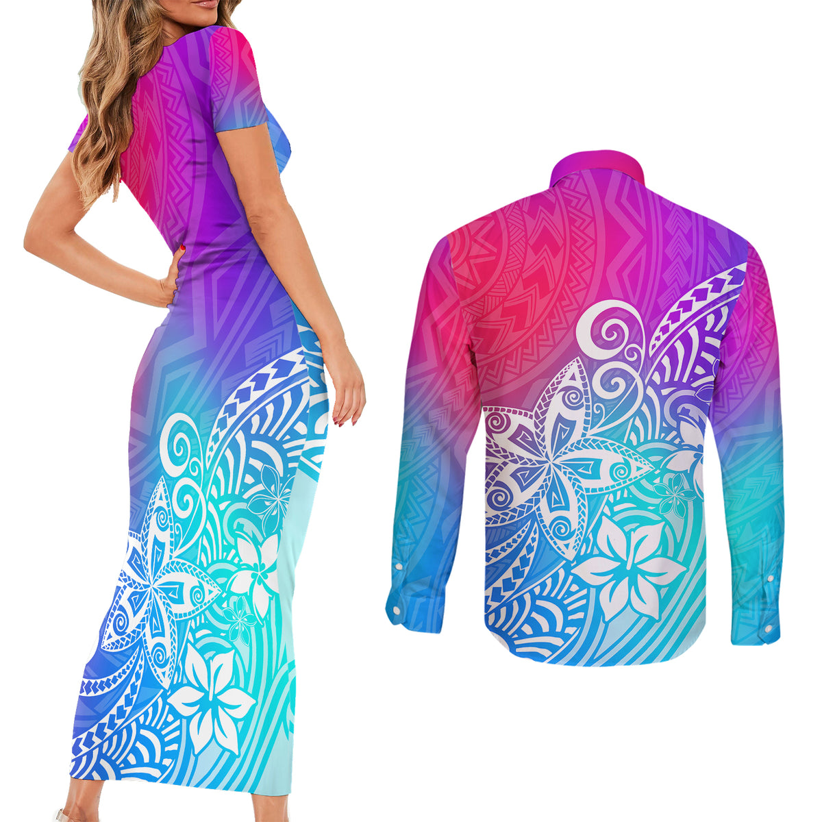 Polynesia Couples Matching Short Sleeve Bodycon Dress and Long Sleeve Button Shirts Plumeria Galaxy Gradient Curves LT7 - Polynesian Pride