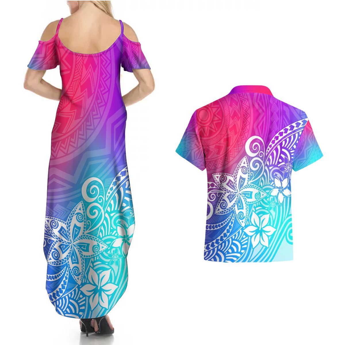 Polynesia Couples Matching Summer Maxi Dress and Hawaiian Shirt Plumeria Galaxy Gradient Curves LT7 - Polynesian Pride