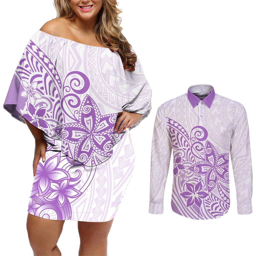 Polynesia Couples Matching Off Shoulder Short Dress and Long Sleeve Button Shirts Plumeria Lavender Curves LT7 Purple - Polynesian Pride