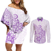Polynesia Couples Matching Off Shoulder Short Dress and Long Sleeve Button Shirts Plumeria Lavender Curves LT7 Purple - Polynesian Pride