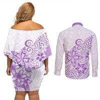 Polynesia Couples Matching Off Shoulder Short Dress and Long Sleeve Button Shirts Plumeria Lavender Curves LT7 - Polynesian Pride