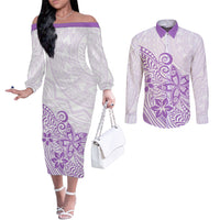 Polynesia Couples Matching Off The Shoulder Long Sleeve Dress and Long Sleeve Button Shirts Plumeria Lavender Curves LT7 Purple - Polynesian Pride