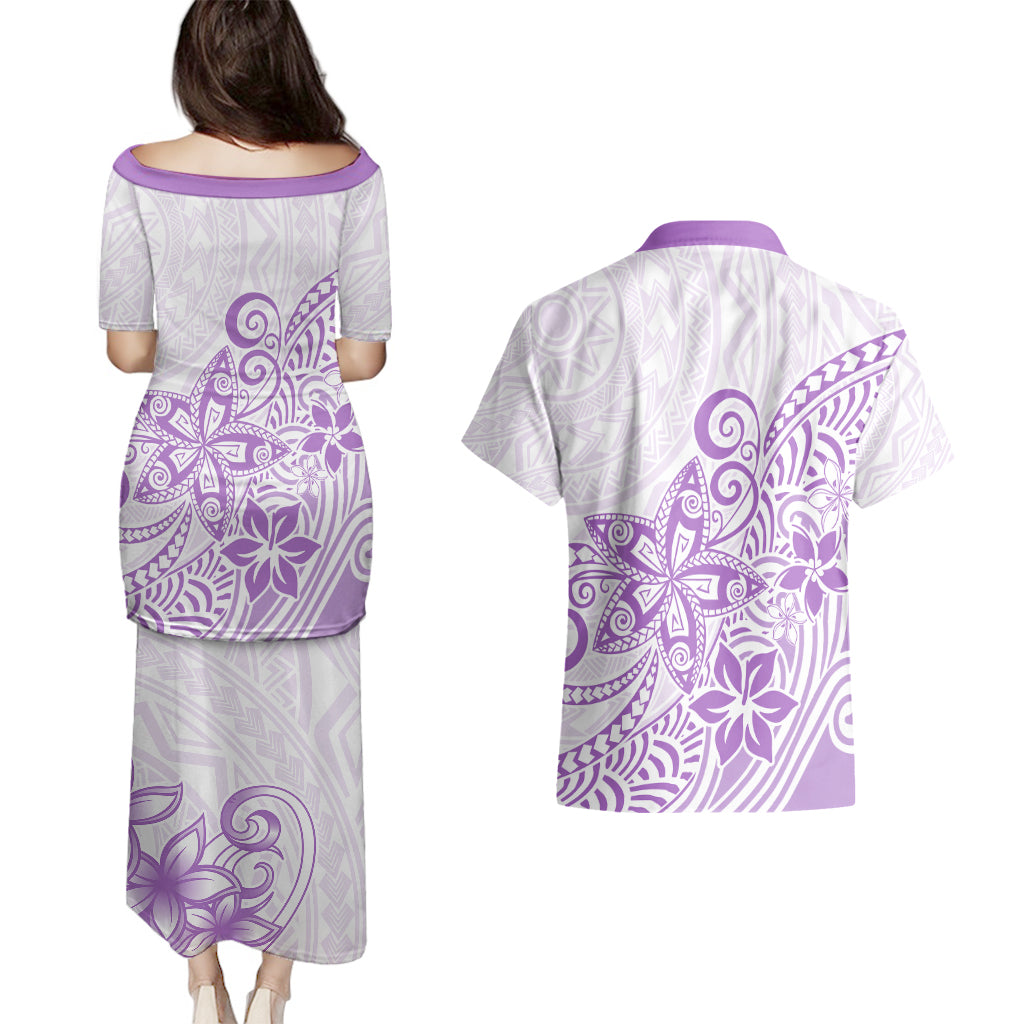 Polynesia Couples Matching Puletasi Dress and Hawaiian Shirt Plumeria Lavender Curves LT7 - Polynesian Pride
