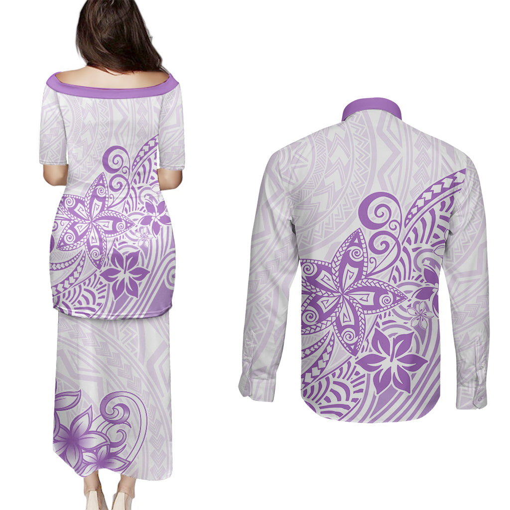 Polynesia Couples Matching Puletasi Dress and Long Sleeve Button Shirts Plumeria Lavender Curves LT7 - Polynesian Pride
