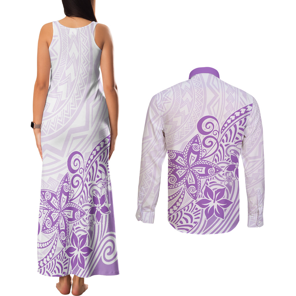 Polynesia Couples Matching Tank Maxi Dress and Long Sleeve Button Shirts Plumeria Lavender Curves LT7 - Polynesian Pride