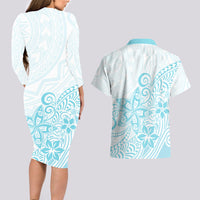 Polynesia Couples Matching Long Sleeve Bodycon Dress and Hawaiian Shirt Plumeria Turquoise Curves LT7 - Polynesian Pride