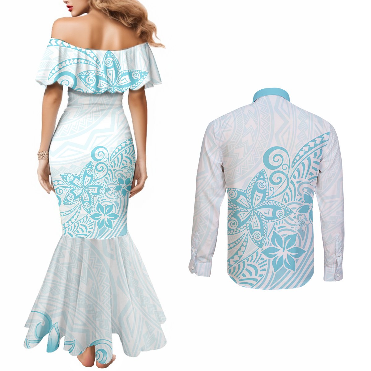 Polynesia Couples Matching Mermaid Dress and Long Sleeve Button Shirts Plumeria Turquoise Curves LT7 - Polynesian Pride