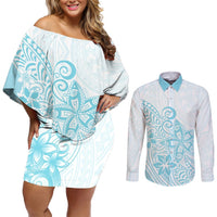 Polynesia Couples Matching Off Shoulder Short Dress and Long Sleeve Button Shirts Plumeria Turquoise Curves LT7 Turquoise - Polynesian Pride