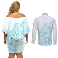 Polynesia Couples Matching Off Shoulder Short Dress and Long Sleeve Button Shirts Plumeria Turquoise Curves LT7 - Polynesian Pride