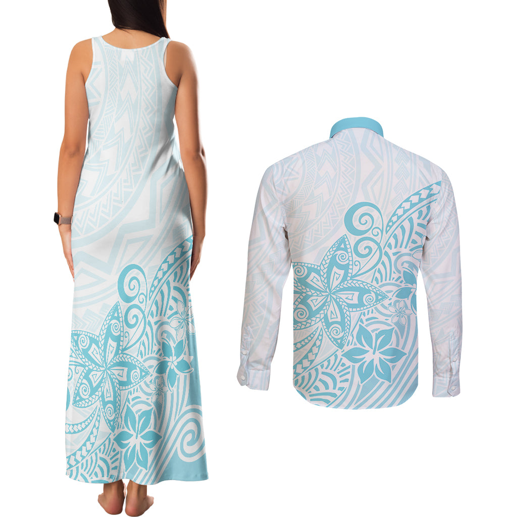 Polynesia Couples Matching Tank Maxi Dress and Long Sleeve Button Shirts Plumeria Turquoise Curves LT7 - Polynesian Pride