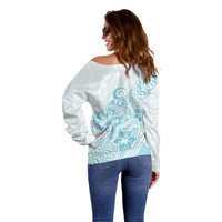 Polynesia Off Shoulder Sweater Plumeria Turquoise Curves LT7 - Polynesian Pride