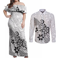 Polynesia Couples Matching Off Shoulder Maxi Dress and Long Sleeve Button Shirts Plumeria White Curves LT7 White - Polynesian Pride