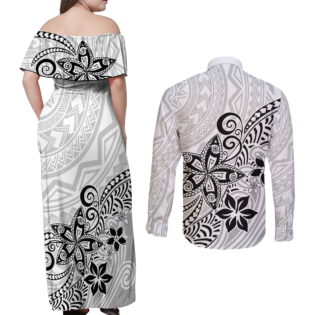 Polynesia Couples Matching Off Shoulder Maxi Dress and Long Sleeve Button Shirts Plumeria White Curves LT7 - Polynesian Pride