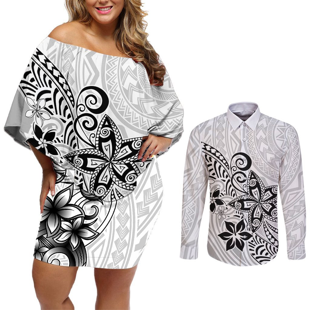 Polynesia Couples Matching Off Shoulder Short Dress and Long Sleeve Button Shirts Plumeria White Curves LT7 White - Polynesian Pride