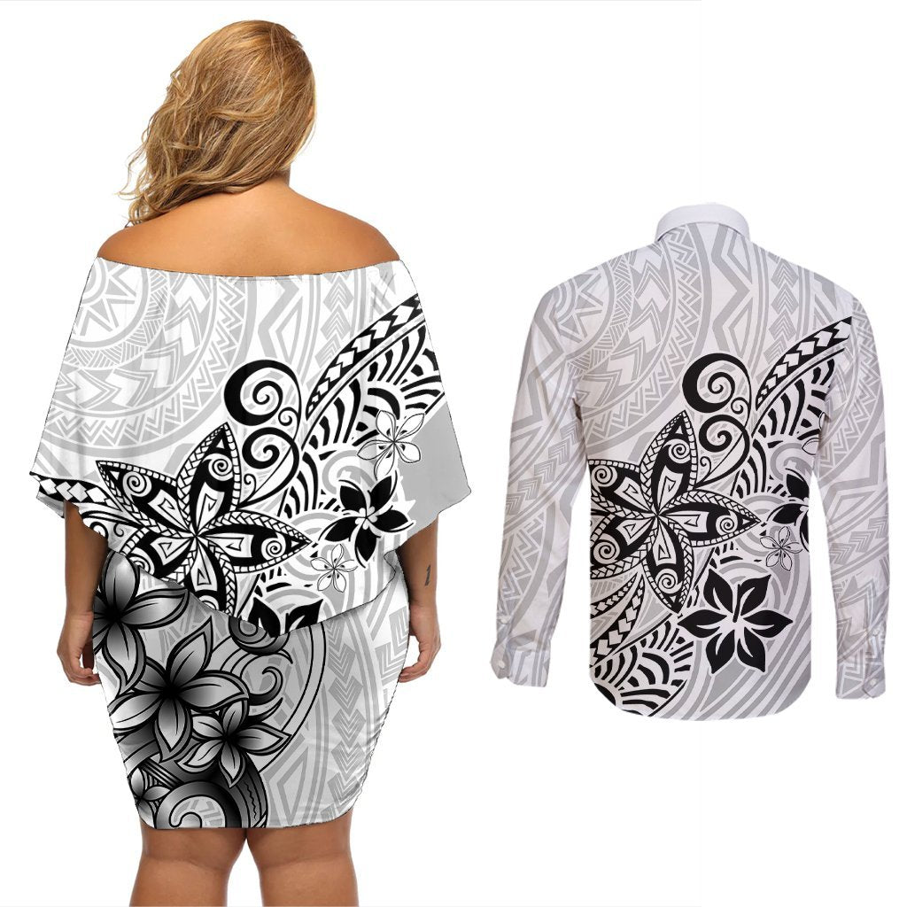 Polynesia Couples Matching Off Shoulder Short Dress and Long Sleeve Button Shirts Plumeria White Curves LT7 - Polynesian Pride