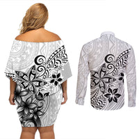 Polynesia Couples Matching Off Shoulder Short Dress and Long Sleeve Button Shirts Plumeria White Curves LT7 - Polynesian Pride