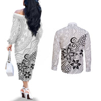 Polynesia Couples Matching Off The Shoulder Long Sleeve Dress and Long Sleeve Button Shirts Plumeria White Curves LT7 - Polynesian Pride