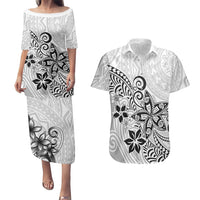 Polynesia Couples Matching Puletasi Dress and Hawaiian Shirt Plumeria White Curves LT7 White - Polynesian Pride