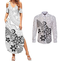 Polynesia Couples Matching Summer Maxi Dress and Long Sleeve Button Shirts Plumeria White Curves LT7 White - Polynesian Pride
