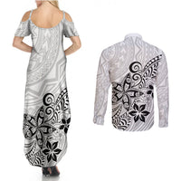 Polynesia Couples Matching Summer Maxi Dress and Long Sleeve Button Shirts Plumeria White Curves LT7 - Polynesian Pride