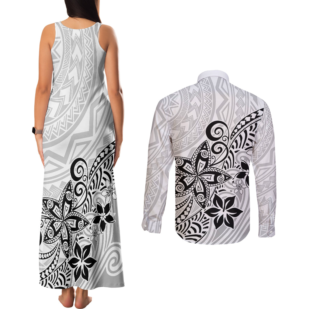 Polynesia Couples Matching Tank Maxi Dress and Long Sleeve Button Shirts Plumeria White Curves LT7 - Polynesian Pride