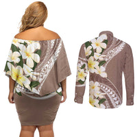 Aloha Hawaii Festive Couples Matching Off Shoulder Short Dress and Long Sleeve Button Shirt Frangipani Lace Classic - Beige