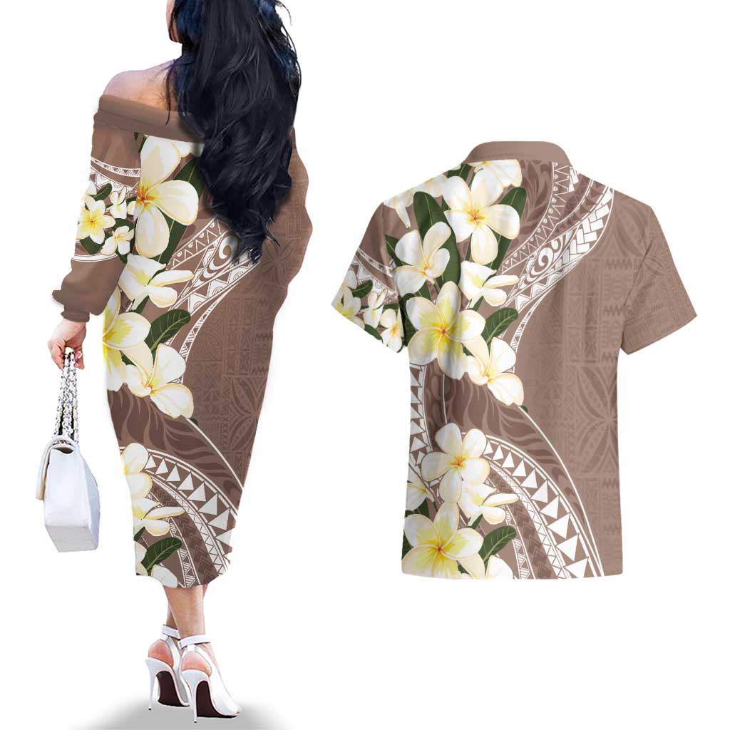 Aloha Hawaii Festive Couples Matching Off The Shoulder Long Sleeve Dress and Hawaiian Shirt Frangipani Lace Classic - Beige