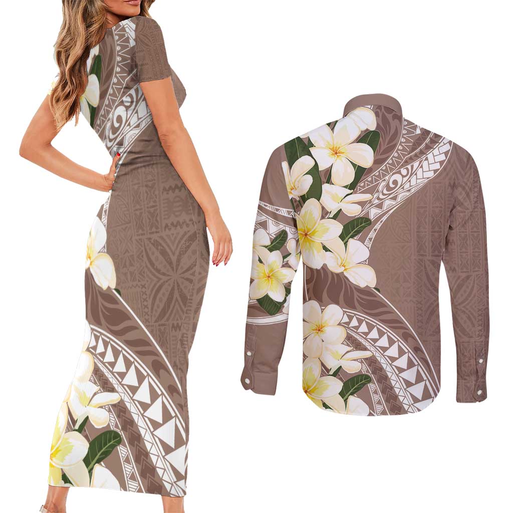 Aloha Hawaii Festive Couples Matching Short Sleeve Bodycon Dress and Long Sleeve Button Shirt Frangipani Lace Classic - Beige