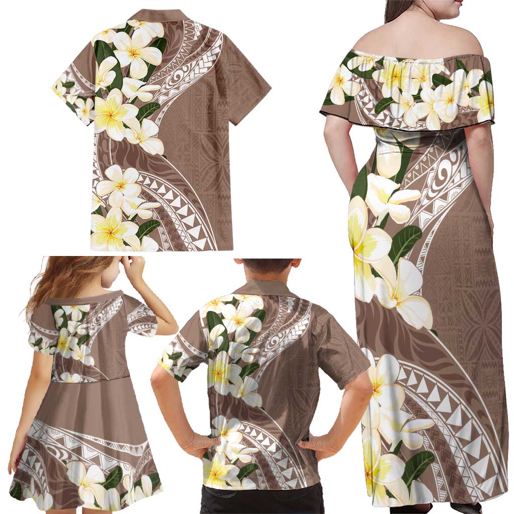 Aloha Hawaii Festive Family Matching Off Shoulder Maxi Dress and Hawaiian Shirt Frangipani Lace Classic - Beige