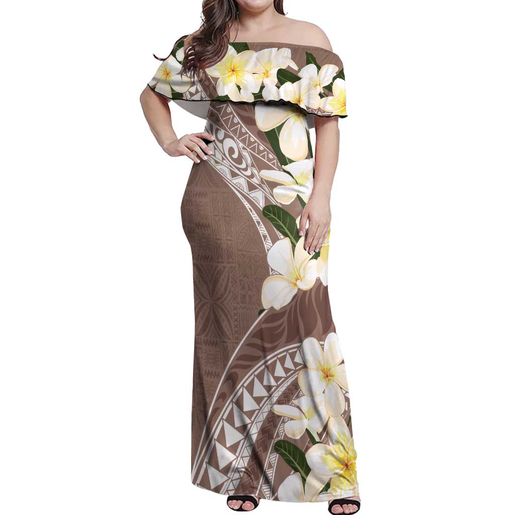Aloha Hawaii Festive Off Shoulder Maxi Dress Frangipani Lace Classic - Beige