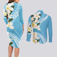 Aloha Hawaii Festive Couples Matching Long Sleeve Bodycon Dress and Long Sleeve Button Shirt Frangipani Lace Classic - Turquoise