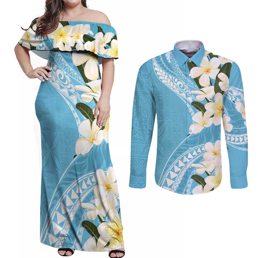 Aloha Hawaii Festive Couples Matching Off Shoulder Maxi Dress and Long Sleeve Button Shirt Frangipani Lace Classic - Turquoise LT7 Turquoise - Polynesian Pride