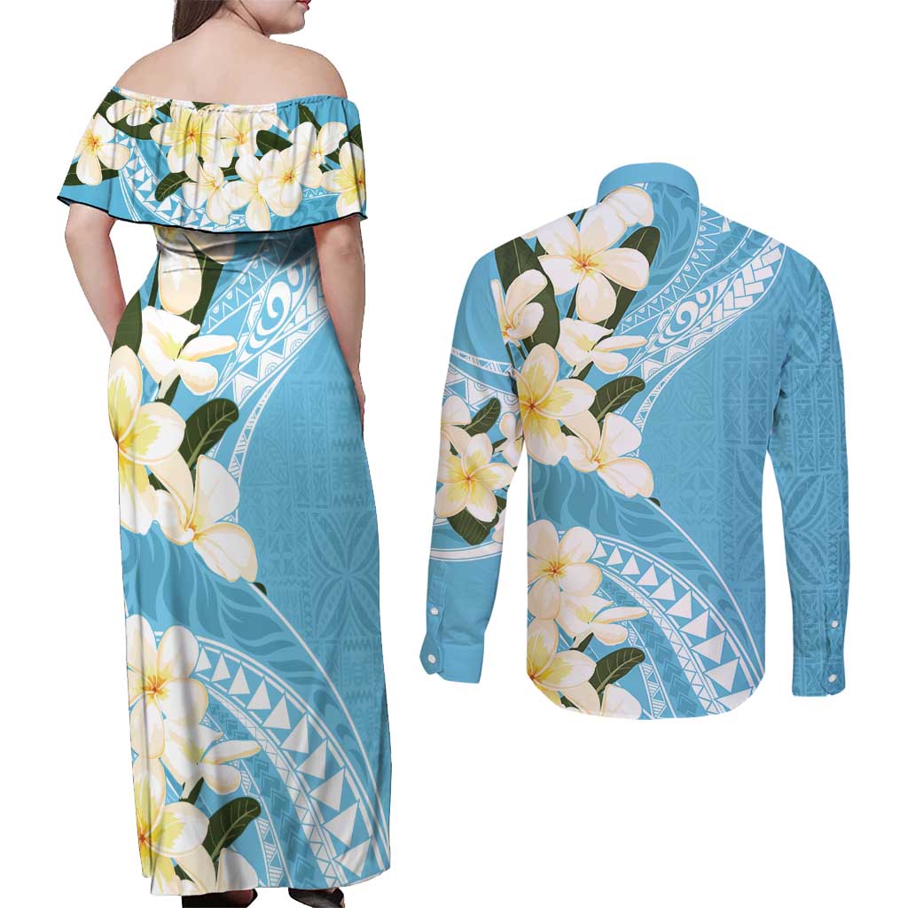 Aloha Hawaii Festive Couples Matching Off Shoulder Maxi Dress and Long Sleeve Button Shirt Frangipani Lace Classic - Turquoise LT7 - Polynesian Pride