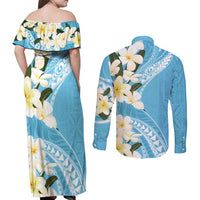 Aloha Hawaii Festive Couples Matching Off Shoulder Maxi Dress and Long Sleeve Button Shirt Frangipani Lace Classic - Turquoise LT7 - Polynesian Pride