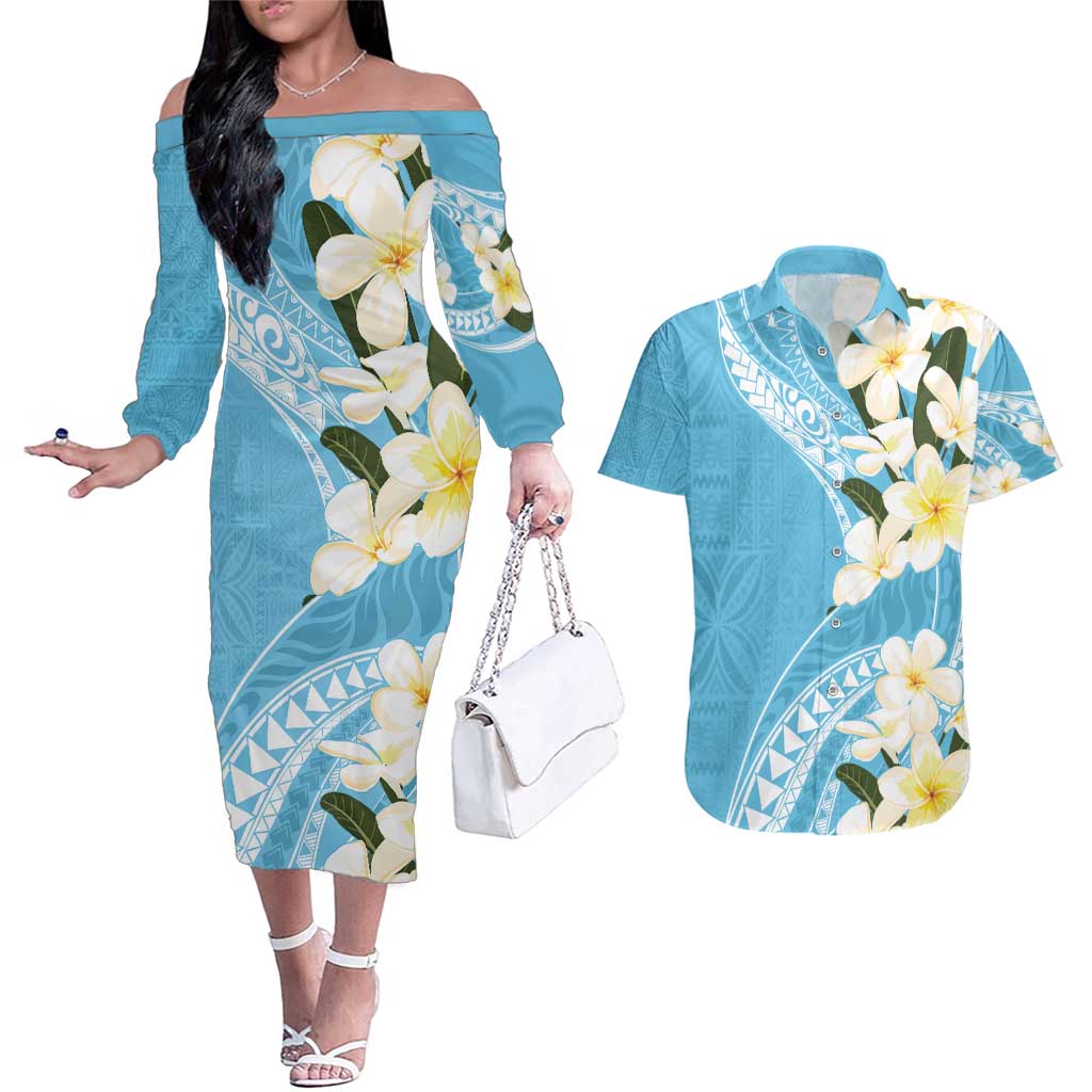 Aloha Hawaii Festive Couples Matching Off The Shoulder Long Sleeve Dress and Hawaiian Shirt Frangipani Lace Classic - Turquoise