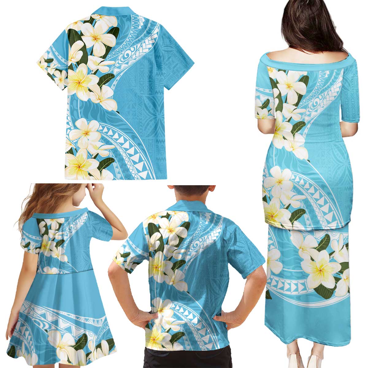 Aloha Hawaii Festive Family Matching Puletasi and Hawaiian Shirt Frangipani Lace Classic - Turquoise