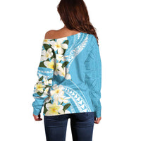 Aloha Hawaii Festive Off Shoulder Sweater Frangipani Lace Classic - Turquoise