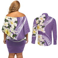 Aloha Hawaii Festive Couples Matching Off Shoulder Short Dress and Long Sleeve Button Shirt Frangipani Lace Classic - Lavender