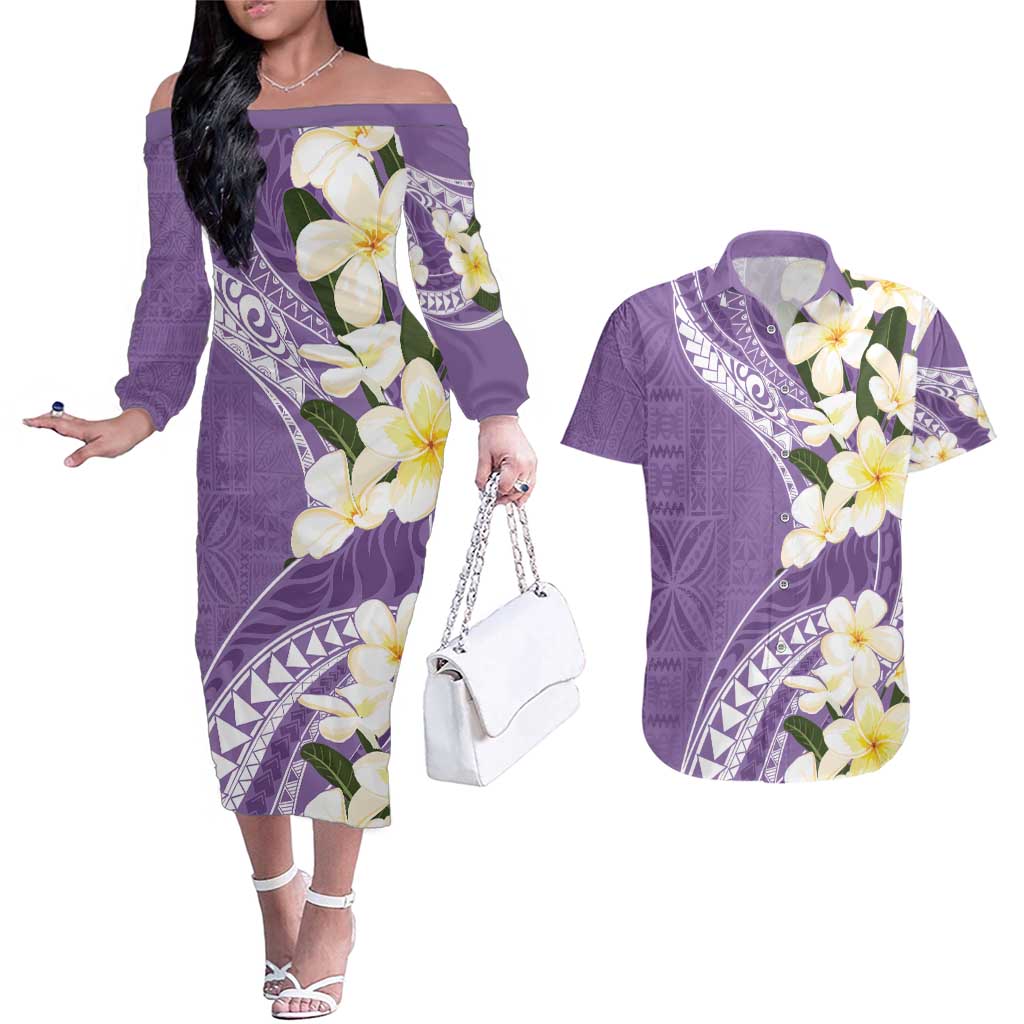 Aloha Hawaii Festive Couples Matching Off The Shoulder Long Sleeve Dress and Hawaiian Shirt Frangipani Lace Classic - Lavender