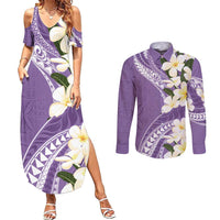 Aloha Hawaii Festive Couples Matching Summer Maxi Dress and Long Sleeve Button Shirt Frangipani Lace Classic - Lavender LT7 Lavender - Polynesian Pride