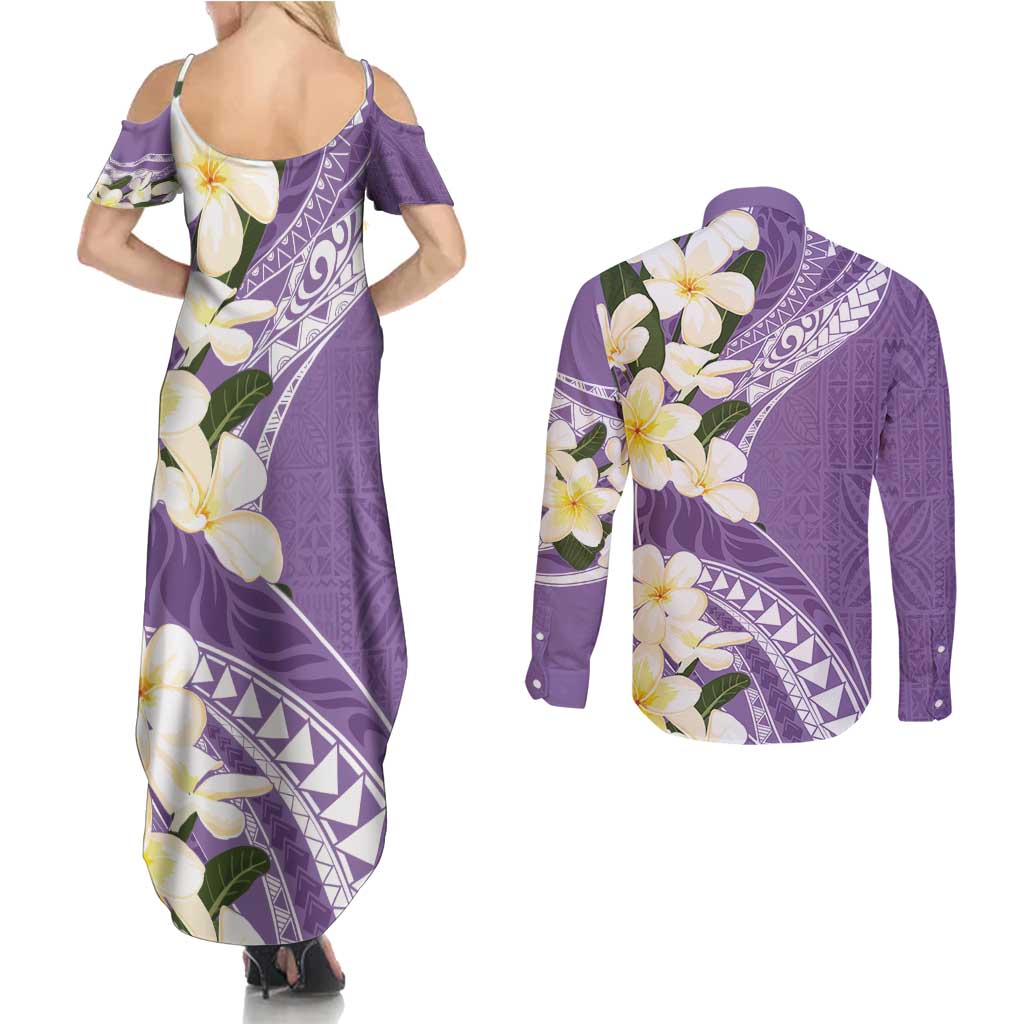 Aloha Hawaii Festive Couples Matching Summer Maxi Dress and Long Sleeve Button Shirt Frangipani Lace Classic - Lavender LT7 - Polynesian Pride